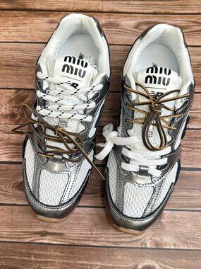 Miu Miu x New Balance Silver Retro Running Shoes Collaboration, Functional Style